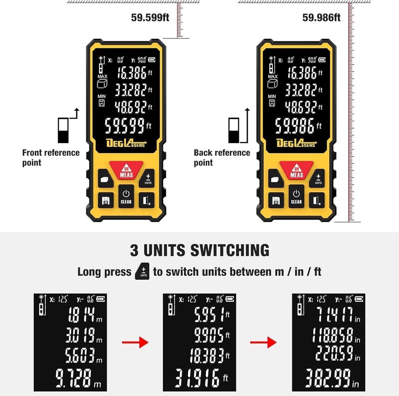 DegLasers Laser Measurement Tool, 328 Feet Laser Measure with Dual Angle Display,M/in/Ft/ft+in Unit Switching,Laser Distance Meter for Measure Angle,Distance,Area and Volume,Pythagorean Mode - Image 4